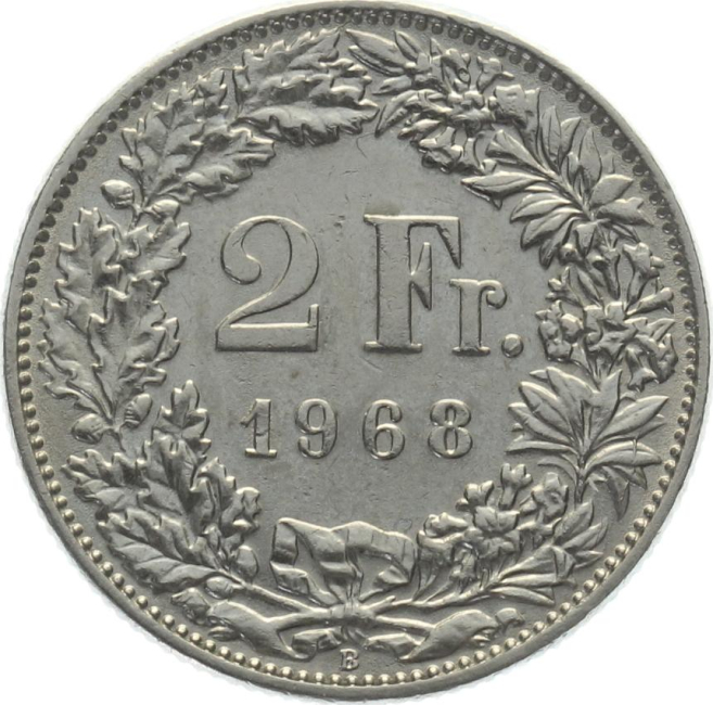 2 Franken 1968 B - ca. 20° verschoben